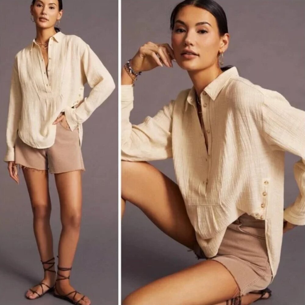 Anthropologie Gauzy Cotton Boho Side Button Top